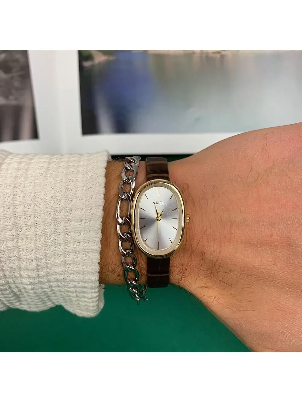 Y2K Brown Silver Leather Watch 8 Inch